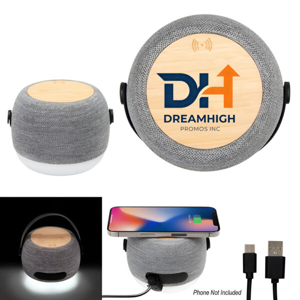 Bamboo & rPET Wireless Speaker/Charger – 15W Qi, COB Light